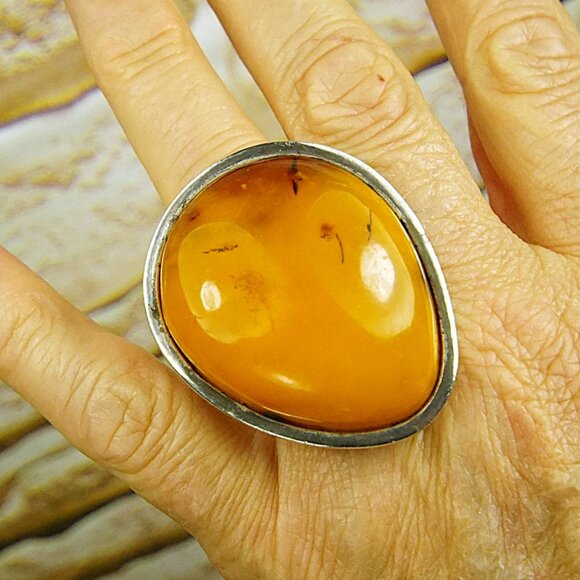 Giant Amber & 925 Silver Heavy Modernist Ring Size 9 - Rare To Find Gift - Picture 9 of 16
